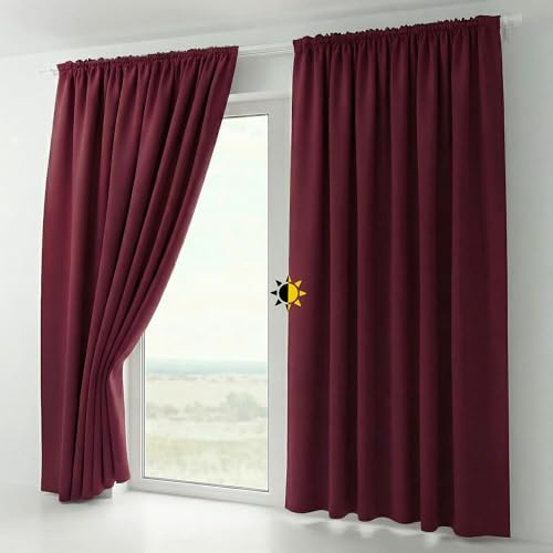 BEAUTEX 2er Set Kräuselband Verdunkelungsvorhang mit U-Band, Gardinen abdunkelnd und Blickdicht (B=140 cm, H=225 cm, Bordeaux)