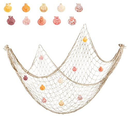 2 PCS Fischernetz Deko Groß Netz Mit Muscheln KostüM Dekoratives Dekoration Klein ZubehöR Für Fischernetze Fotowand Wanddeko Wand Strand Themen Fischnetz Nautischer Ozean Stil (1M x 2M,1.5M x 2M)