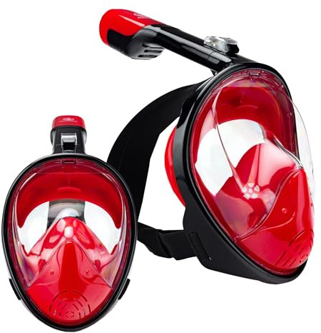 AQUASTIC Vollgesichtsmaske zum Schnorcheln Weites Sichtfeld Gehärtetes Glas Silikon-Schnorchel mit Dry Top Technologie Luftdicht Rotes Design Größe S-M SMA-01SC