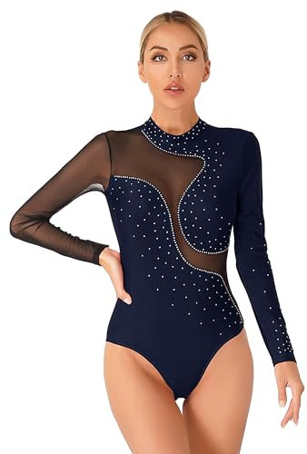 TTAO Tanzanzug für Damen Ballett Body Kurzarm/Langarm Gymnastikanzug Mesh Tanztrikot Tanzbody Balletttrikot Tanzkleidung Navy blau E S