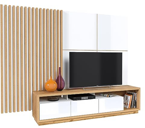 Lomadox Wohnwand TV-Wand braun & weiß Hochglanz 4-teilig Modern mit Eiche Nb. inkl. TV-Lowboard