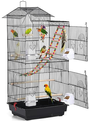 Yaheetech 99cm Roof Top Parrot Cage Large Bird Cage Metal Budgie Cage for Canary/Cockatiel/Parakeet Black