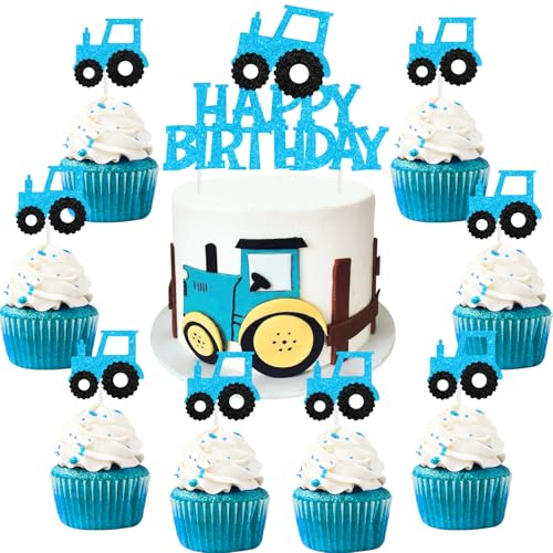 Sursurprise Traktor-Kuchenaufsatz, blau, für Jungen, 12 Stück, Traktor-Cupcake-Topper, Traktor-Kuchendekorationen, Alter 2 bis 3 Jahre, Traktor-Themen-Geburtstagsparty-Zubehör