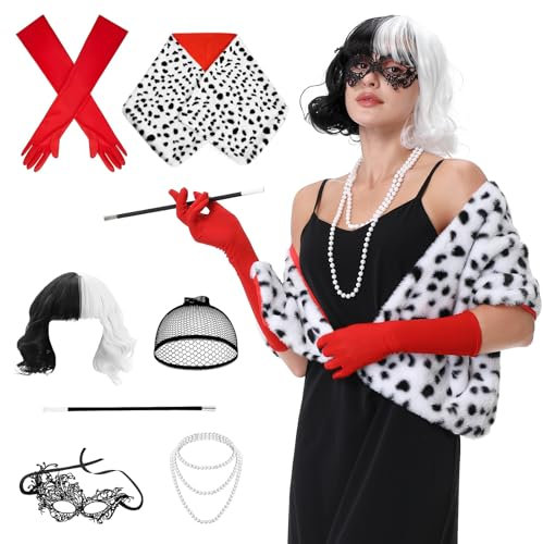 Aragallant Cruella Kostüm Damen, Kurze Schwarze und weiße Perücke, Halloween Kostüm Damen Set, 70er Jahre Accessoires mit Schwarze Augenklappe, Faux Schal, Rote Handschuhen