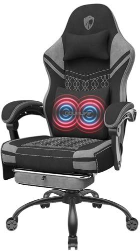 Douxlife Gaming Stuhl Stoff mit Massage, Verbreitertes Sitzkissen mit Taschenfedern, Ergonomischer Bürostuhl PC Gamer Sessel Chair mit Fußstütze und Metallfüße, 158 kg Belastbarkeit, Grau