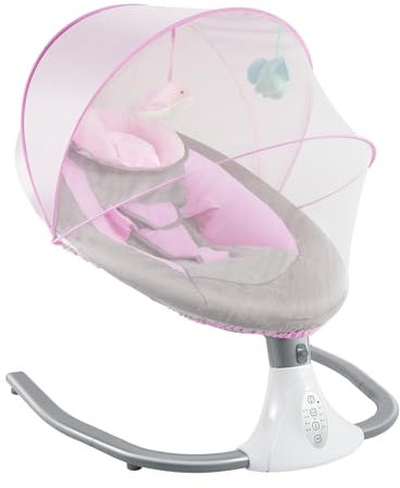 WooDerson Electric Babyschaukel, 4-Gear Swing und Timing Elektrische Babywippe mit Bluetooth Musik Fernbedienung USB für Babys von 2 bis 18 kg, 0-18Monate (Rosa, Weiß, Grau)