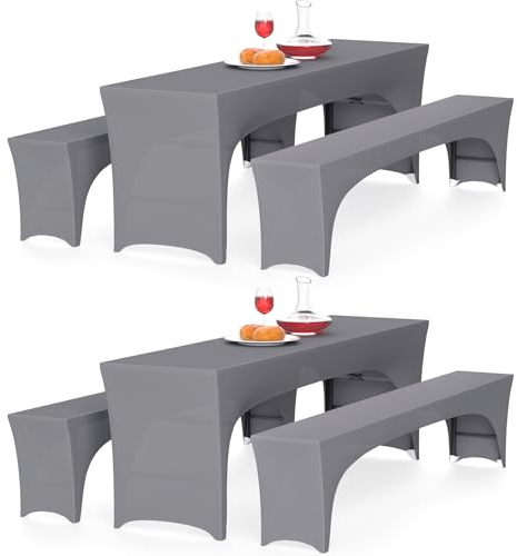 Alishomtll Zwei 3er-Set Elastisch Biertischhussen, Stretch Bierzeltgarnitur für 50cm Tischbreite, Bierbankhussen Bankgarnitur für Biertisch und Bierbank Bankett Gartenmöbel-Bezüge, 220x50cm Grau