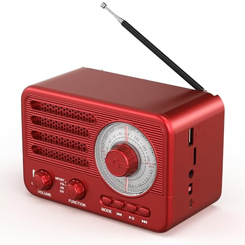 Radio transistor vintage - Style rétro avec portée moderne - Portable - AM/FM/SW - Avec USB/TF/Aux-MP3 - Batterie rechargeable de 1800 mAh - Rouge