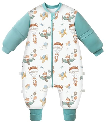 Chilsuessy Baby Winter Schlafsack mit Füßen und abnehmbar Langarm mit Beinen Bambus Faser Kinder Schlafsack für Kinder 2.5 Tog/Fuchs, Astronaut, XL Höhe 110-120cm