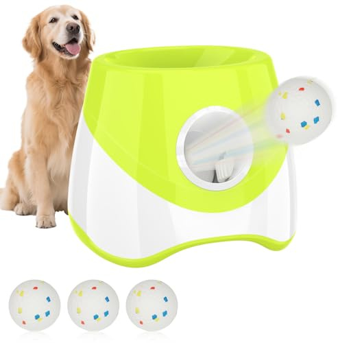 Purova Ballwurfmaschine Hund, Automatischer Hunde Ballwerfer mit 3 Wurfentfernungen von 6-14 M, Interaktives Spielzeug für kleine Hunde Drinnen & Draußen mit 3 Mini Tennisbällen (Grün)