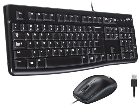 Logitech 920-002565 MK120 Wired Desktop Keyboard and Mouse Set, USB - US Layout, Black | Full size wired keyboard, optical wired mouse, USB plug-and-play, Windows only, pc and laptop compatible