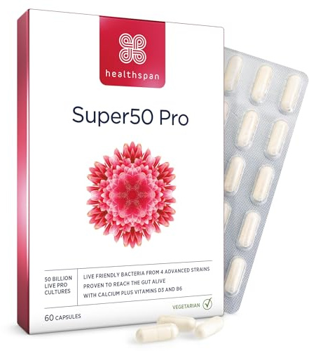 Healthspan Super50 Probiotic | Gut Health | with Vitamin D3 | 50 Billion Live Probiotic Cultures | Vitamin B6 | Calcium | Vegetarian (60 Capsules)
