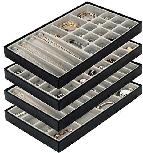 JackCubeDesign Stackable Leather Jewellery Tray Earring Necklace Bracelet Ring Organiser Display Storage Box(Set of 4, Black, 40.6 x 24.4 x 4 cm)- :MK212-3ABCD