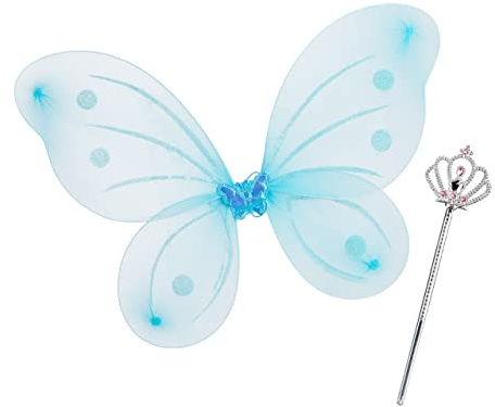 Relaxdays 10 x Feenflügel mit Zauberstab, Fee Kostüm Kinder, Flügel & Zepter, Glitzer, Mädchen, Feenset, blau & silber