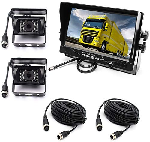 Reversing Camera Kit,4 Pin 2x Waterproof 18LEDs Night Vision Reverse Rear View Camera with 15M Aviation Cable +12-24V 7 TFT LCD Car Monitor for Large Truck/Bus/RV/Trailer/Tractor/camper