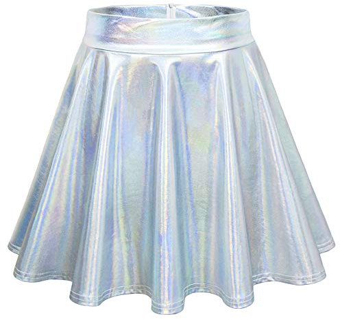 Odosalii Damen Stretch Skater Röcke Informell Mini Glocken Rock Hohe Taille Metallischer Faltenrock (X-Large, Laser Silber)