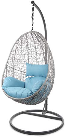 Kideo Komplettset: Hängesessel mit Gestell & Kissen, Korbsessel, Poly-Rattan (Gestell- und Korbfarbe: grau, Kissen: hellblau Nest (5050 Sky Blue))