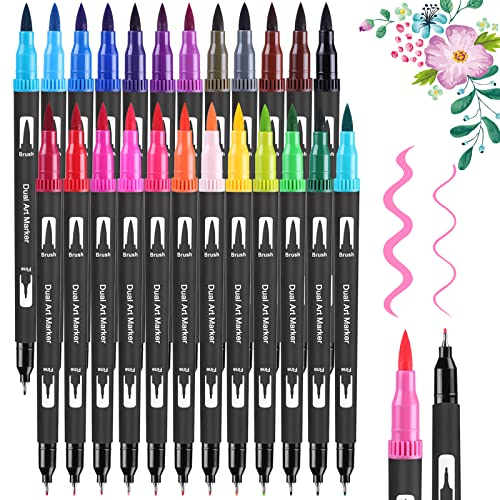 FURNIZONE Dual Brush Pen Set - 24 Farben Aquarellstifte Filzstifte Set, Manga Stifte, Kalligraphie Stifte Kit für Aquarell Handlettering Bullet Journal, Fasermaler(1-2 mm) und Fineliner(0,4 mm)