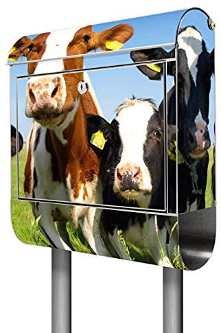banjado® Briefkasten mit Standfuß Motiv Kühe - Stand Briefkasten Edelstahl mit Zeitungsfach - Postbox/Postkasten A4 Einwurf inkl. Montagematerial & 2 Schlüssel