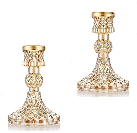 YANGMEI Lot de 2 bougeoirs en verre doré, bougeoirs décoratifs, bougeoirs en cristal de 10,4 cm de haut, centre de table pour mariage, salle à manger
