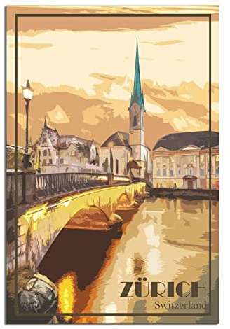 Zürich Schweiz Vintage Reise Poster Skyline Deko Poster Modern Schlafzimmer Leinwand Kunst Poster Bild Gemälde Poster Wanddeko Kunst Geschenk