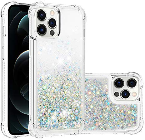 KBIKO-zxl Clear Case Compatible with iPhone 12 Pro Max, TPU Cover Glitter Liquid Case, Transparent Sequin Back Case, Silver, Bumper Case with Impact & Scratch Resistance
