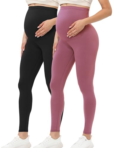 Buttergene Damen Umstandsleggings über dem Bauch Schwangerschaft Active Wear Workout Yoga Tights Hose, 2er-Pack, Schwarz/Dunkelrosa, S