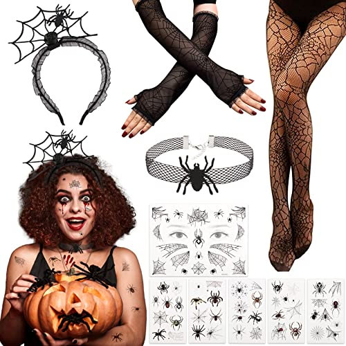 BOFUNX 10 Stücke Halloween Spinnennetz Kostüm Set, Spinnennetz Netzstrumpfhose Stirnband Halskette Spitzenhandschuhe Spinnen Temporäre Tattoos für Halloween Masquerade Makeup