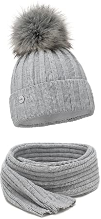 ELIMELI® Kaschmir Mütze Schal Damen Winter Kombi Set - warme Strickmütze mit Kunstfell Bommel - 2-teilig, Winterset Wintermütze passender Schal Wollmütze Beanie Slouch Strick (Grau - Set mit Schal)