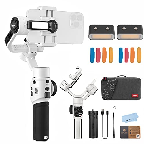 Zhiyun Smooth 5S Combo White Gimbal Stabilizer for Smartphone iPhone 14 13 12 11 X 8 Pro Max Plus Samsung Android for YouTube Tiktok Vlogging Zhiyun Smooth 5 Phone Gimbal Upgraded+1PCS Mini LED Light