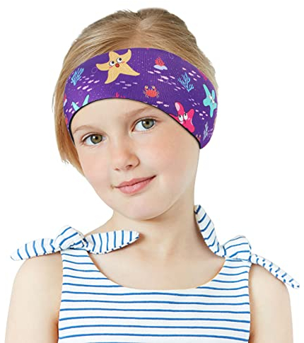 MoKo Schwimmen Stirnband, Neopren Schwimmband Ohrenband Wasserdichtes Kopfband Haarband mit Hohe Elastizität und Klettverschluss Ohrenschutz Band für Kinder Alter 3-9, M Größe - Lila Seestern