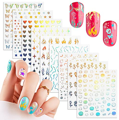 Laser Silber Nagelsticker 9 Blatt Selbstklebend 3D Holographisch Laser Nagelaufkleber Herz Sterne Mond Nail Art Sticker für Nagelkunst Nägel DIY Dekoration