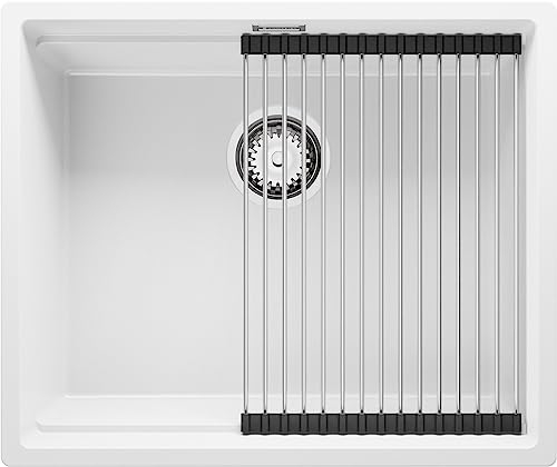 Fregadero bajo Encimera Blanco 56x47cm, 1 Seno + Sifón + Enrollable Escurridor, Granito al mueble 60cm - Prague de Primagran