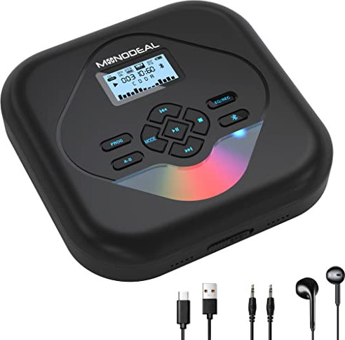 MONODEAL Portable CD Player Bluetooth with Speakers, Rechargeable CD Player for Car and Home, Anti-Skip Function