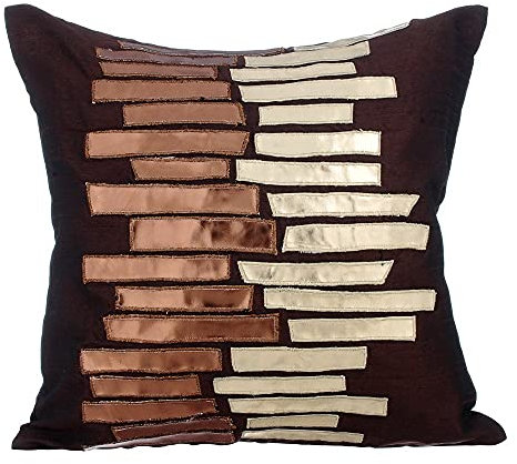 The HomeCentric Braun dekokissen, Metallisches Leder Lederner Applique deko kissenbezuge, 2 Stück, 60x60 cm dekokissen, Platz Seide Sofa kissenbezuge, Gestreift Modern sofakissen - Metallic Ladder