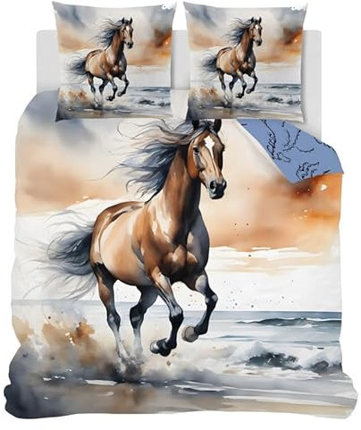 SYHIEGO Housse de Couette 140x200 Cheval au Galop Enfant Parure de Lit 1 Personne Ado Microfibre Animaux Motif Réversible Linge de Lit avec Fermeture Eclair + 2 Taies d'oreiller 65x65cm
