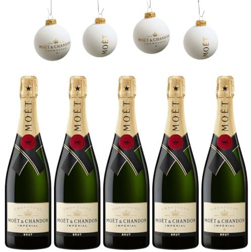 Exklusives Festtagspaket: 5 Flaschen Moët & Chandon Brut Champagne mit 4 limitierten Weihnachtskugeln