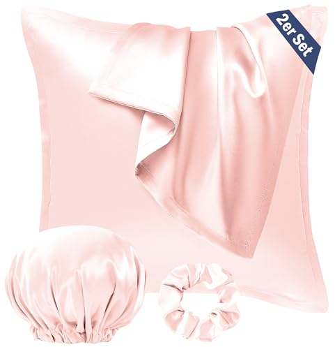 Seiwohl Satin Kissenbezug 80x80 2er Set, Weich wie Seidenkissenbezug Silk Pillowcase, Vegane Seide Kopfkissenbezug Kissenhülle Haarschutz für die Nacht mit Haargummi und Haarhaube, Korallen Rosa
