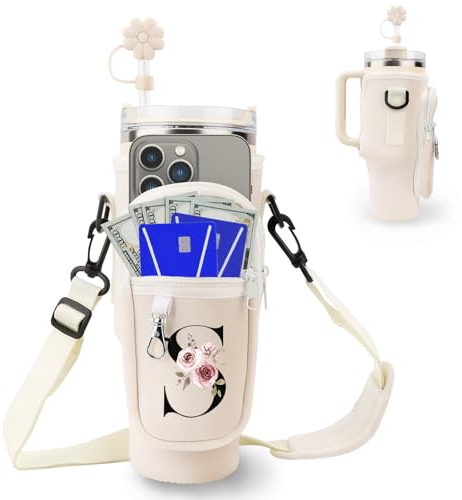 Initial Personalized Water Bottle Bag for Stanley 40oz Tumbler,with Phone Pocket,Neoprene Water Bottle Carrier with Adjustable Strap and Straw Cover & Carabiner,for Stanley Cup Accessories (S)