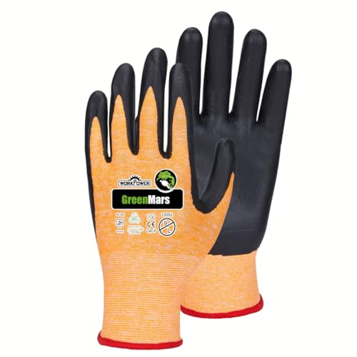WORKPOWER– Arbeitshandschuhe Green Mars für Herren – rutschfeste Handschuhe mit Nitrilbeschichtung – verfügbar in den Größen 8 (Orange-meliert/Schwarz)