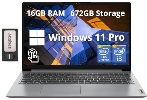 Lenovo Ideapad 1i - Computer portatile touchscreen FHD da 15,6, Intel i3 1215U, 16 GB di RAM, 672 GB di memoria (SSD da 512 GB + set docking station da 160 GB), grafica Intel UHD, tastiera full size,