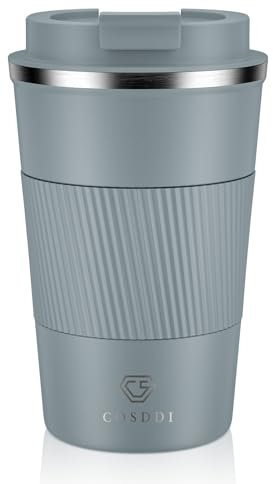 CS COSDDI Travel Mugs, Insulated Coffee Cup with Leakproof Lid - Reusable Coffee Cups Travel - Car Coffee Cup - Stainless Steel Coffee Mug for Hot and Cold Water(Grey, 380ml)