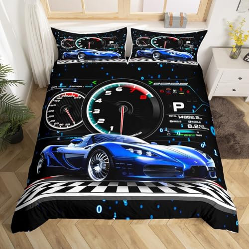 Homemissing Race Auto Bettwäsche Set 135x200cm Blau Race Sports Auto Bettbezug Set für Jungen Mädchen Racing Auto Betten Set Speed Sports Auto Bettdeckenbezug Dekorative (KEIN Tröster)
