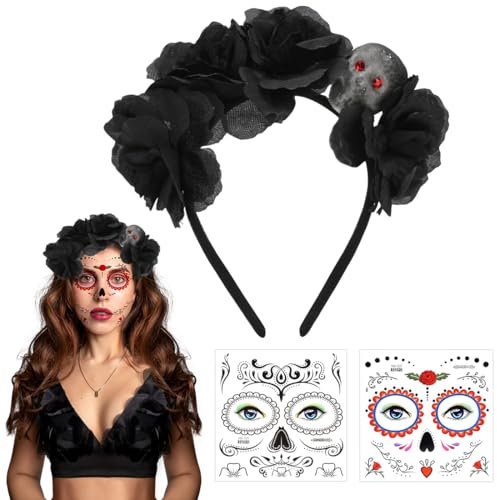 Jour des Morts Coiffe, Serre Tete Fleur dia de los Muertos, Halloween Bandeau Jour des Morts Mexicain, Crâne Serre-Tete(Fleur Noire) Avec Tatouages Visage Femme, Pour Carnaval Halloween