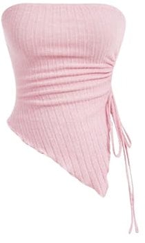 GORGLITTER Damen Tube Top Trägerloses Top Schulterfrei Sommer Tops Asymmetrisch Bandeau-Top mit Seitenschlitz Rosa XS