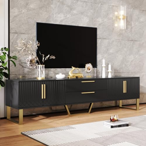 Hochglänzender TV-Schrank: Boden, goldene Griffe und Füße, Tür mit gravierter Textur, Aufbewahrungslösung für das Wohnzimmer, perfekte Kombination aus, Luxus und Funktionalität (Schwarz und Gold)