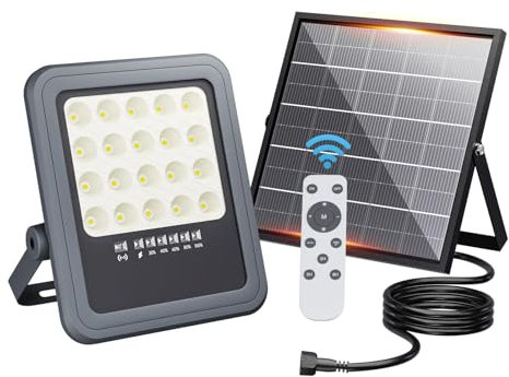 HOOLED Foco proyector LED solar, batería de gran capacidad de 5000 mAh, IP65 impermeable, 6500 K, luces solares de exterior con mando a distancia (función temporizador) y sensor crepuscular