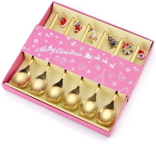 FülleMore 6 Stück Weihnachtslöffel,Edelstahl Kaffeelöffel Dessertlöffel mit Weihnachtsanhänger Tischdeko lustiges Weihnachtsgeschirr Set mit Geschenkbox für Weihnachten Neujahr (Gold)