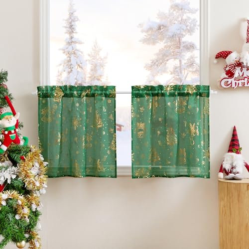 PONY DANCE Lot de 2 Rideaux Cuisine - Rideau Passe Tringle, Voilage Vert Motifs Festifs Sapin Or, Tissu Transparent Decortaion pour Court Petite Fenetre Chambre, Cuisine, L60 x H45cm