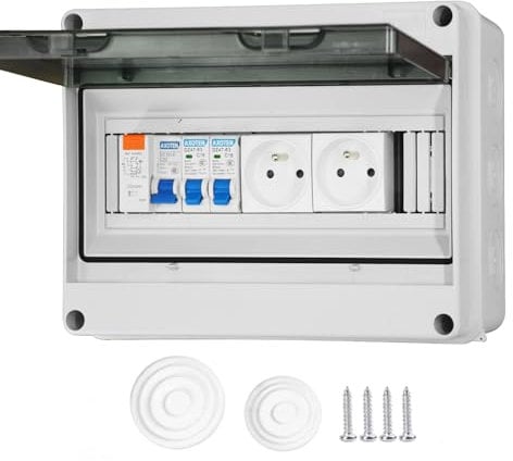 Boîte à fusibles en saillie IP65 Coffret électrique étanche IP65 équipé Livré,DZ 30mA AC Interrupteur de Fuite, 1 Disjoncteur 16A,2 Prise modulaire 16A 2P+T